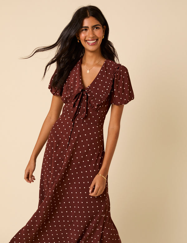 Nobody’s Child Brown Polka Dot Puff Sleeve Ottillie Midi Dress