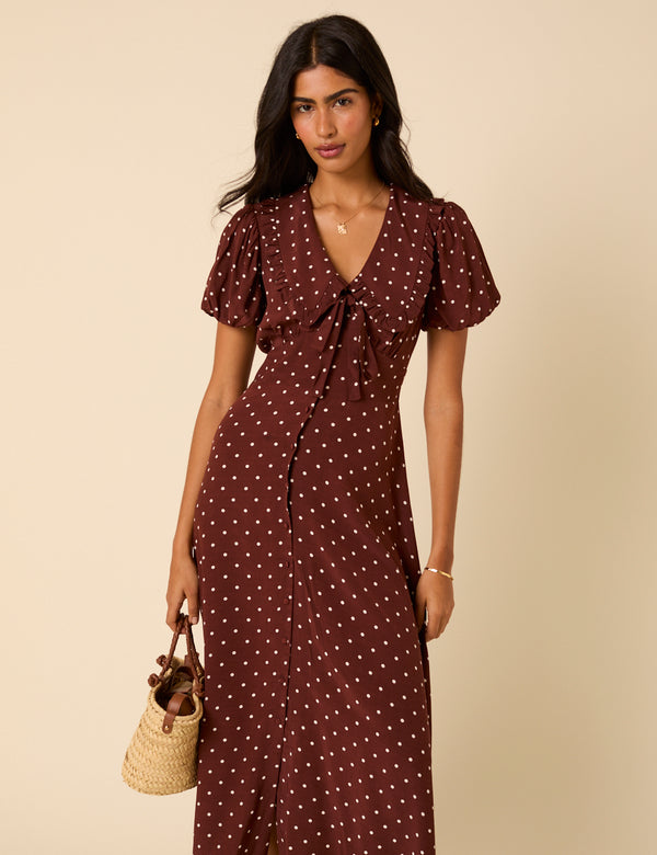 Nobody’s Child Brown Polka Dot Puff Sleeve Ottillie Midi Dress