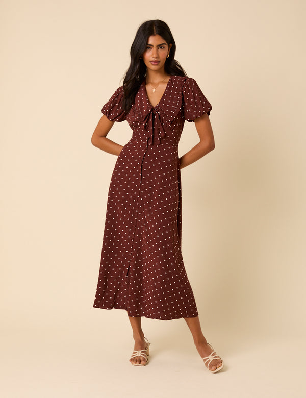 nobody’s child Brown Polka Dot Puff Sleeve Ottillie Midi Dress