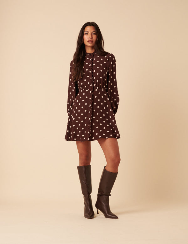 Nobody’s Child Brown Polka Dot Ruffle Gabi Mini Dress