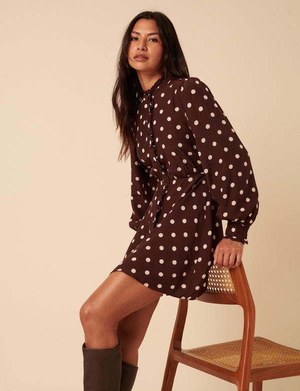 Nobody’s Child Brown Polka Dot Ruffle Gabi Mini Dress