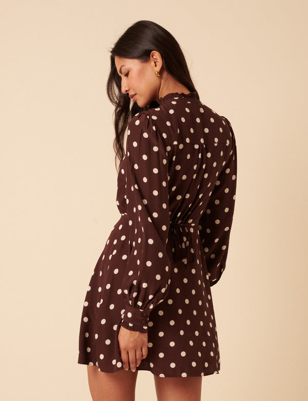 Nobody’s Child Brown Polka Dot Ruffle Gabi Mini Dress