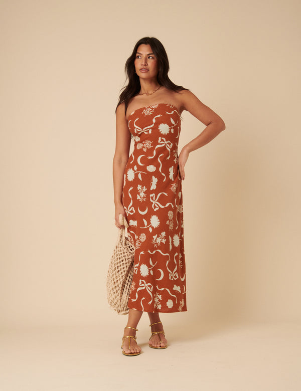 Nobody’s Child Brown Printed Linen-blend Bandeau Evie Midi Dress