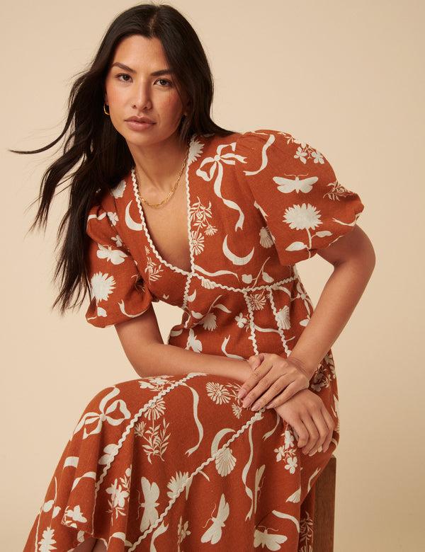 Nobody’s Child Brown Printed Linen-blend Lucy Midi Dress