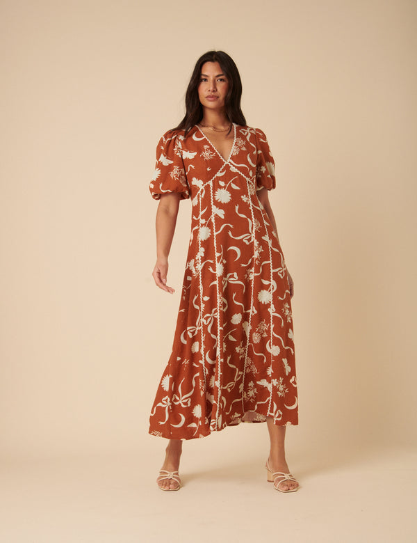 nobody’s child Brown Printed Linen-blend Lucy Midi Dress