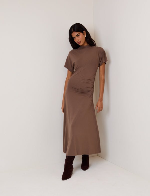 Nobody’s Child Brown Ruched Niamh Jersey Midi Dress