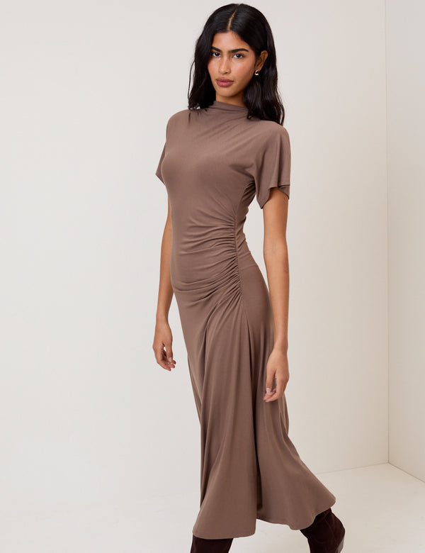 Nobody’s Child Brown Ruched Niamh Jersey Midi Dress