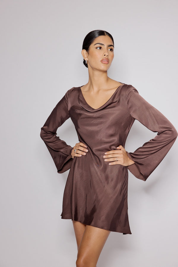 Nobody’s Child Brown Satin Cowl Neck Leighton Mini Dress