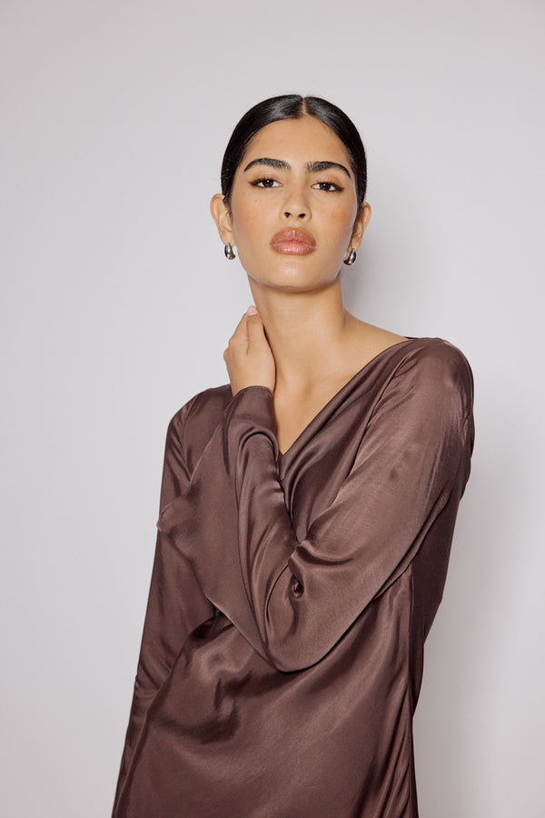 Nobody’s Child Brown Satin Cowl Neck Leighton Mini Dress