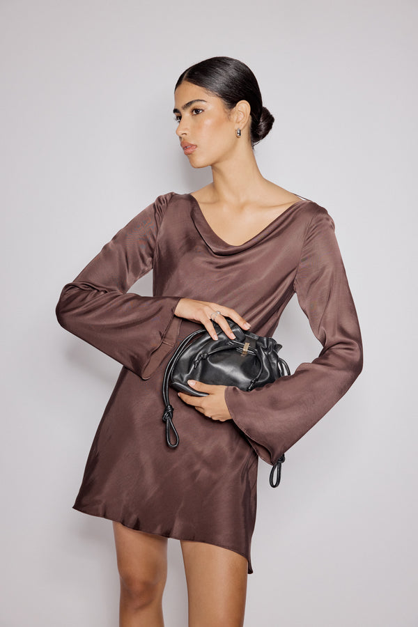 Nobody’s Child Brown Satin Cowl Neck Leighton Mini Dress