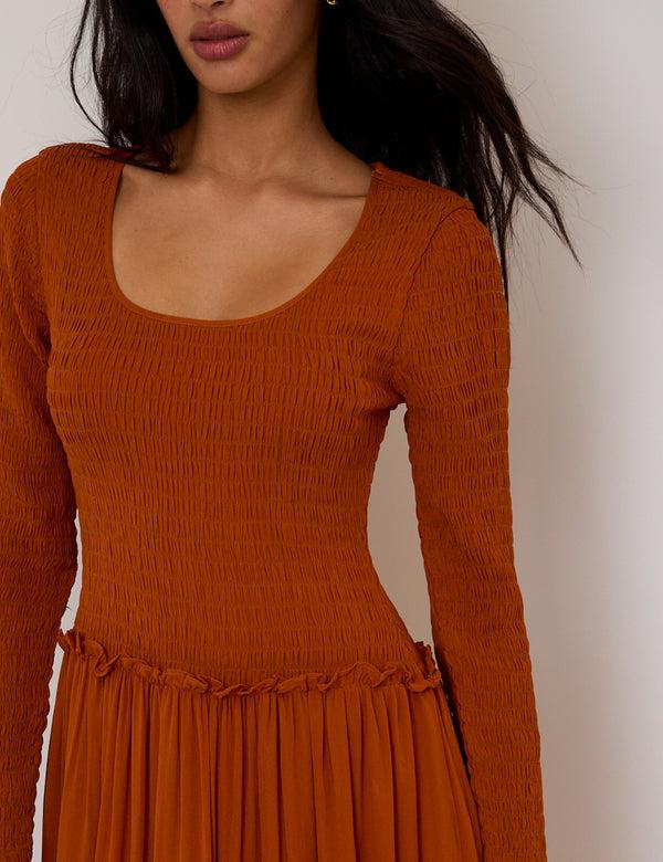 Nobody’s Child Brown Shirred Long Sleeve Sorelle Midi Dress