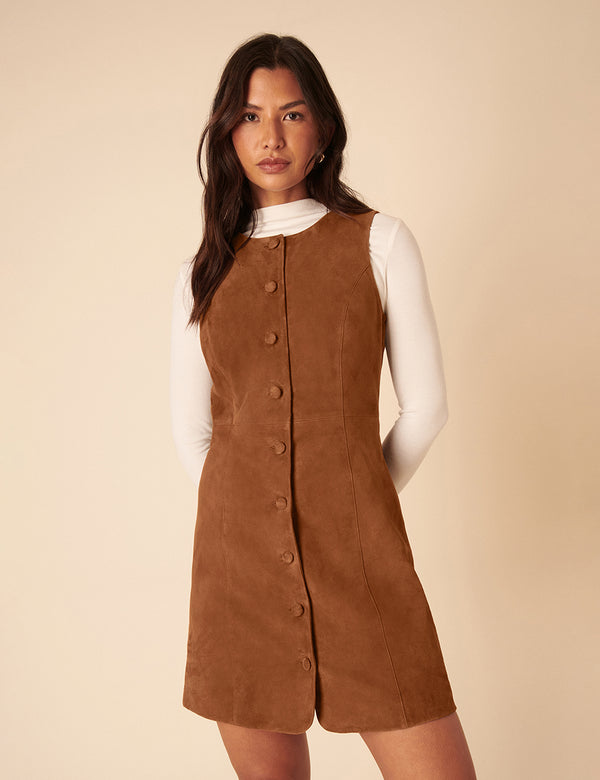 Nobody’s Child Brown Suede Eleanor Mini Pinafore Dress