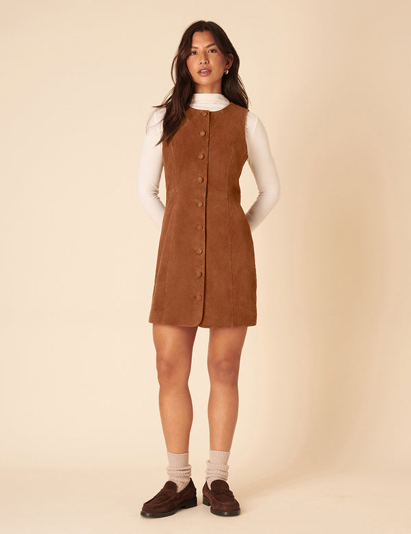 Nobody’s Child Brown Suede Eleanor Mini Pinafore Dress