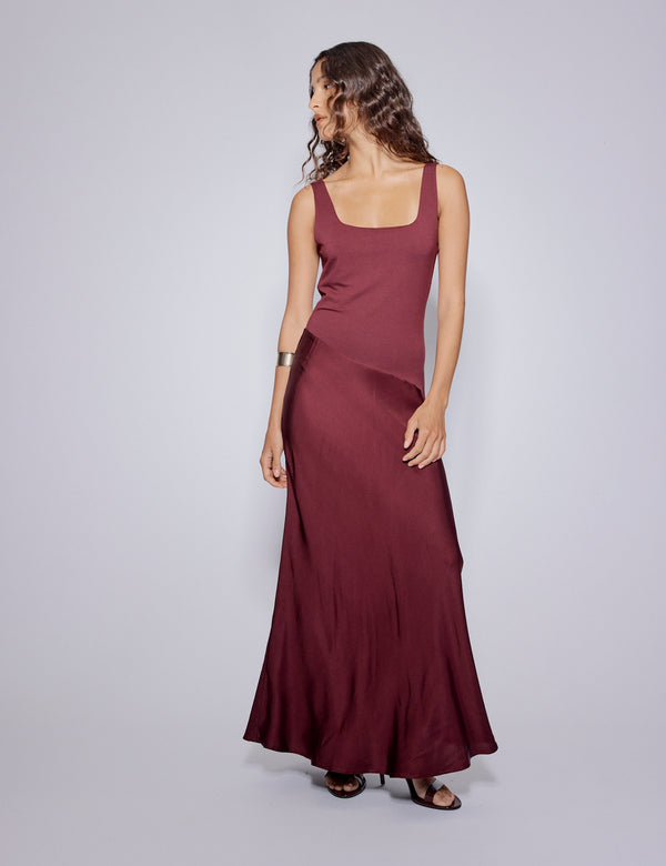 Nobody’s Child Burgundy Asymmetrical Drop Waist Valentina Midi Dress