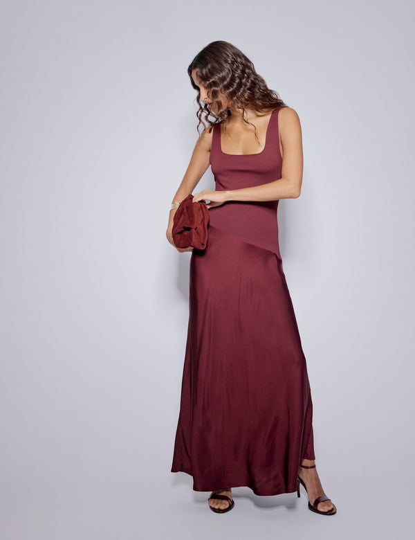 Nobody’s Child Burgundy Asymmetrical Drop Waist Valentina Midi Dress