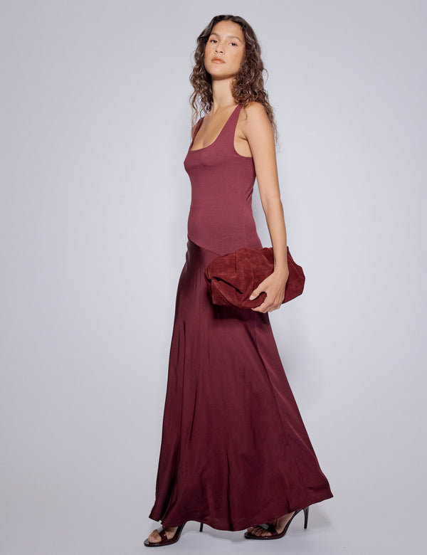 nobody’s child Burgundy Asymmetrical Drop Waist Valentina Midi Dress