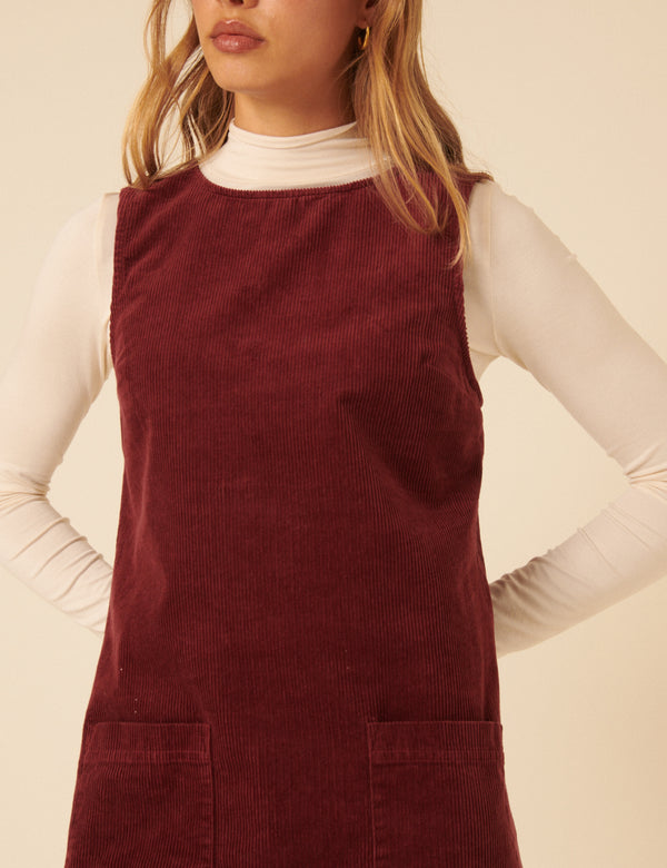 Nobody’s Child Burgundy Cord Chiara Pinafore Mini Dress