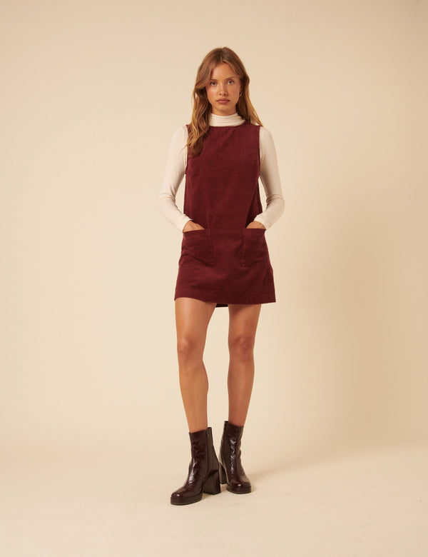 Nobody’s Child Burgundy Cord Chiara Pinafore Mini Dress