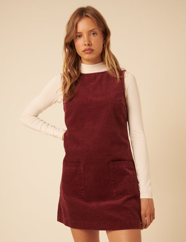 Nobody’s Child Burgundy Cord Chiara Pinafore Mini Dress