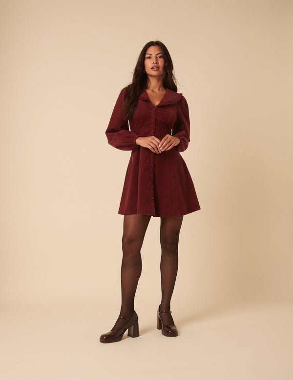 Nobody’s Child Burgundy Cord Collared Emma Mini Dress