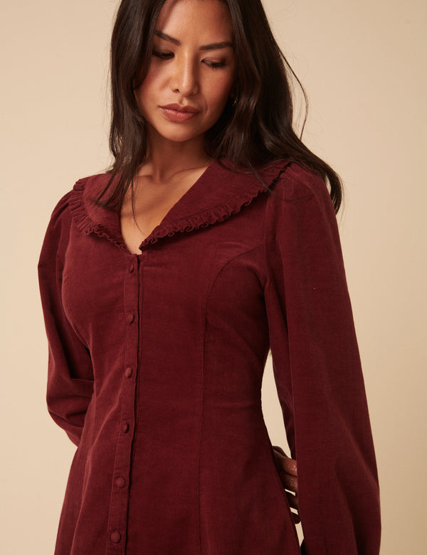 Nobody’s Child Burgundy Cord Collared Emma Mini Dress