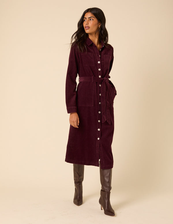 Nobody’s Child Burgundy Cord Finchley Midi Shirt Dress