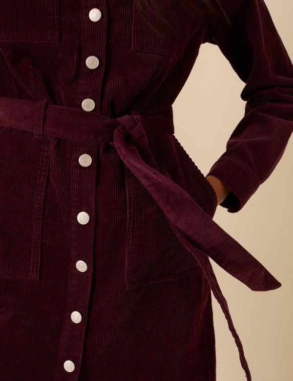 Nobody’s Child Burgundy Cord Finchley Midi Shirt Dress