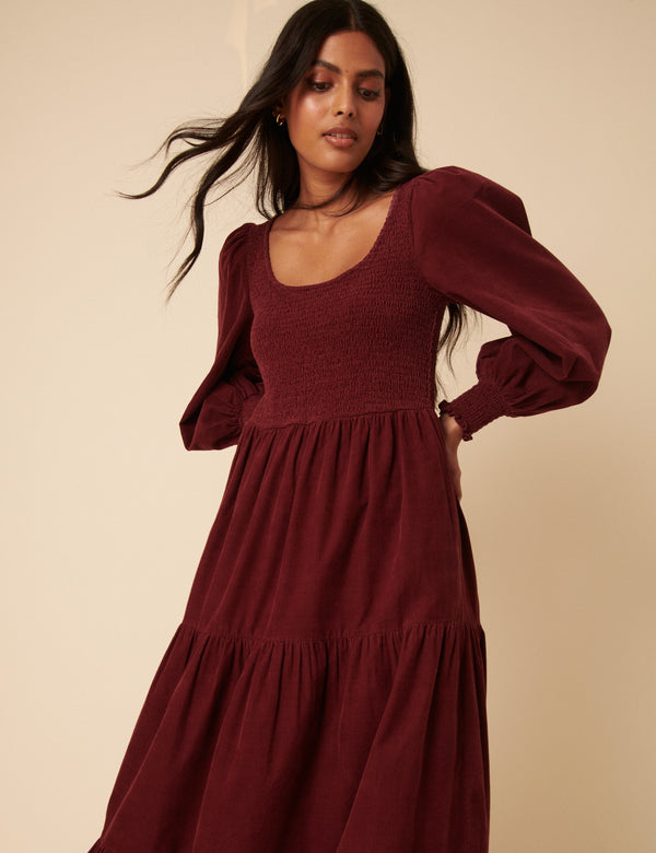 Nobody’s Child Burgundy Cord Tiered Ruby Midi Dress