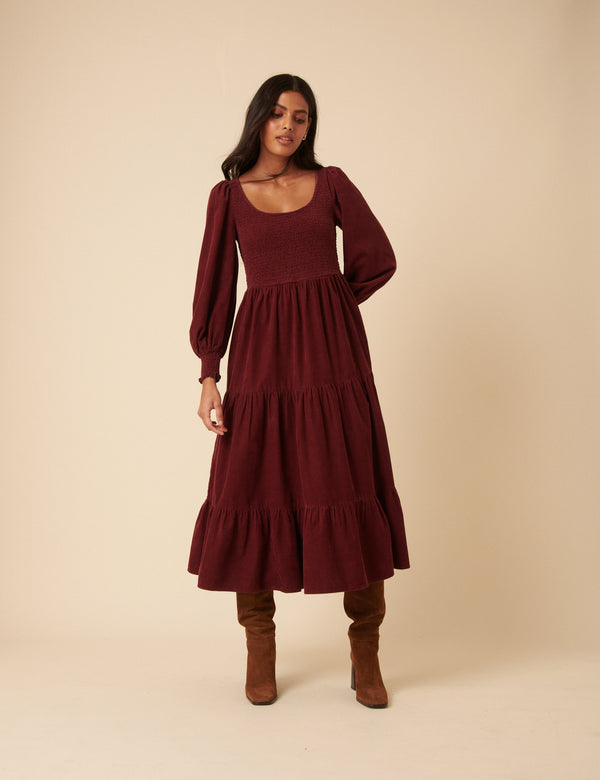 nobody’s child Burgundy Cord Tiered Ruby Midi Dress