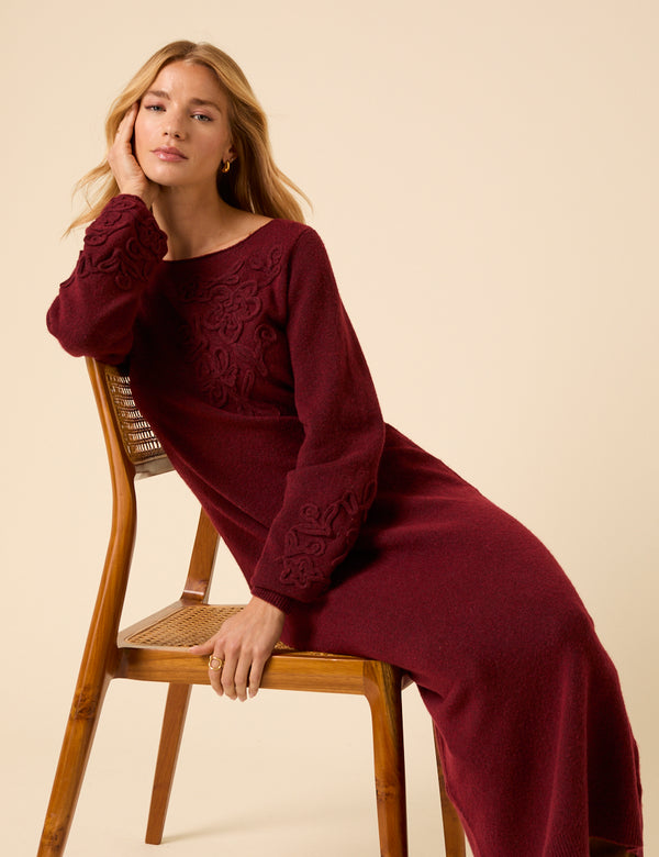 Nobody’s Child Burgundy Floral Embroidered Knitted Long Sleeve Midi Dress