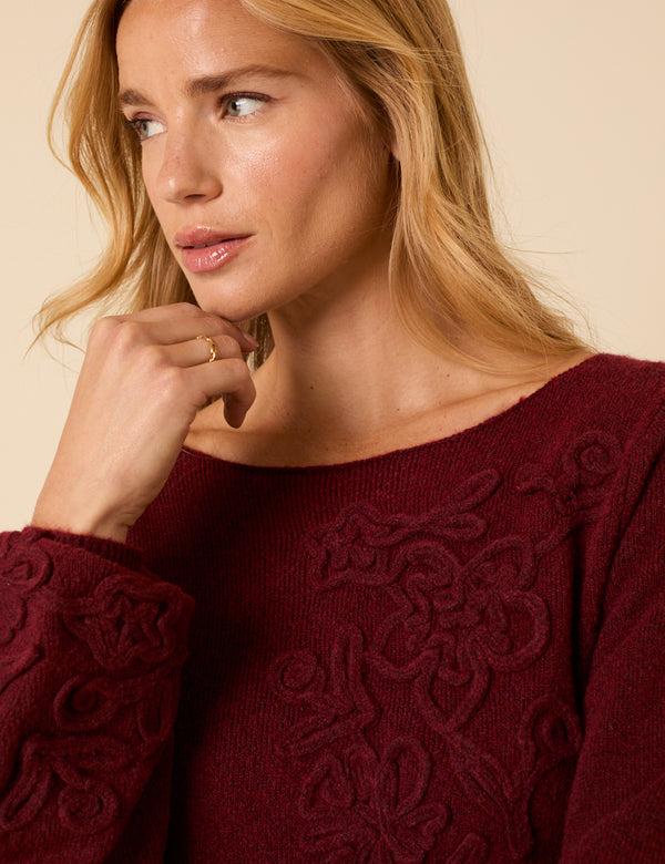 Nobody’s Child Burgundy Floral Embroidered Knitted Long Sleeve Midi Dress