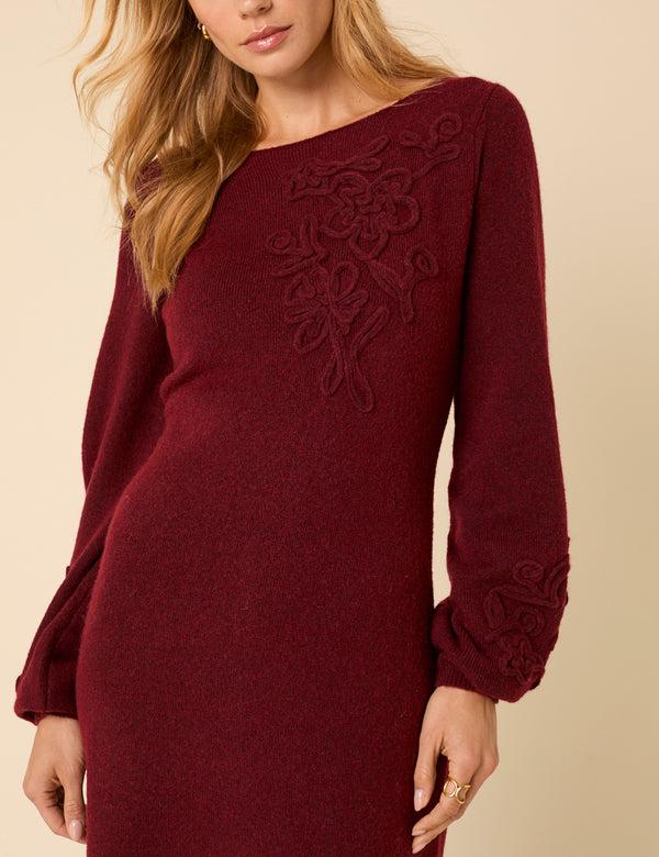 Nobody’s Child Burgundy Floral Embroidered Knitted Long Sleeve Midi Dress