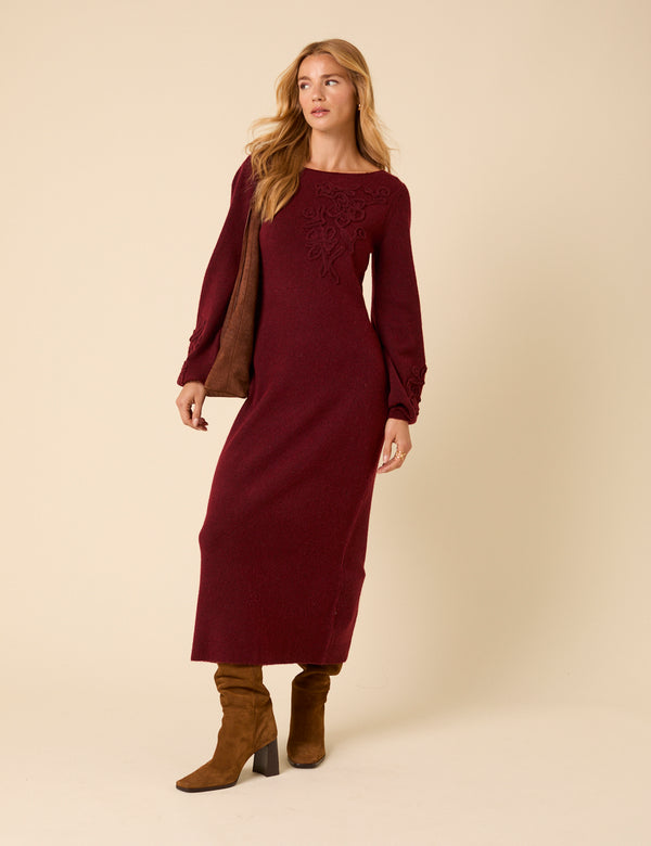 nobody’s child Burgundy Floral Embroidered Knitted Long Sleeve Midi Dress