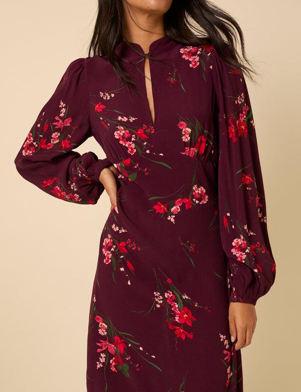 Nobody’s Child Burgundy Floral Long Sleeve Mila Midi Dress