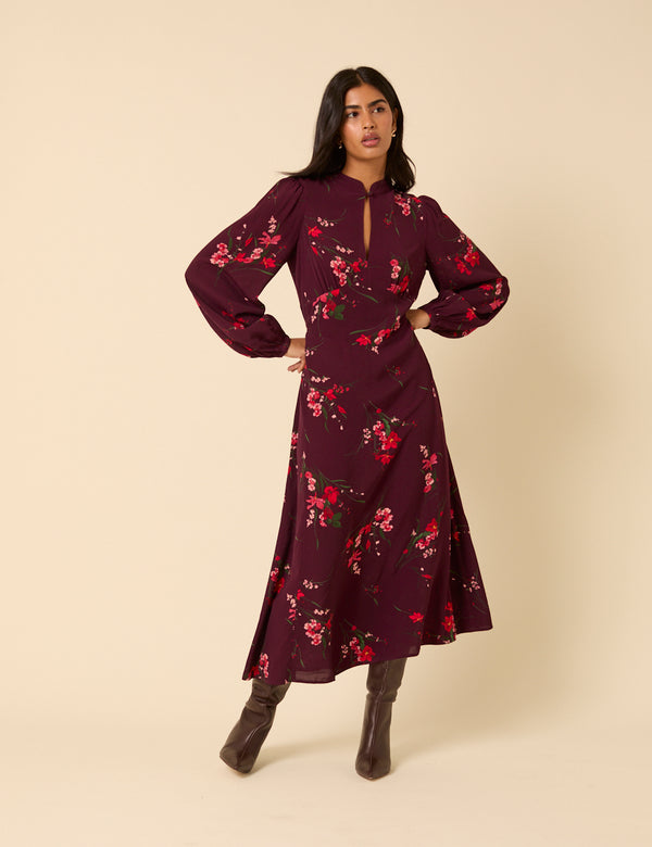 Nobody’s Child Burgundy Floral Long Sleeve Mila Midi Dress