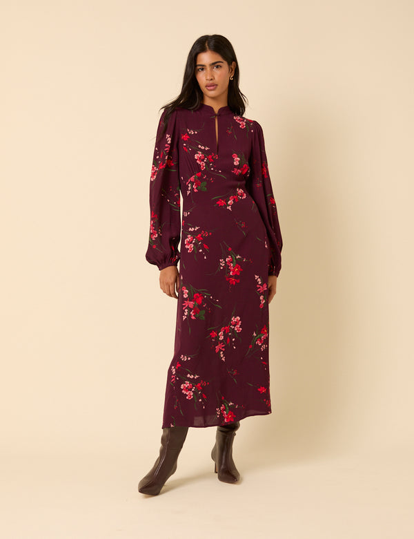 nobody’s child Burgundy Floral Long Sleeve Mila Midi Dress