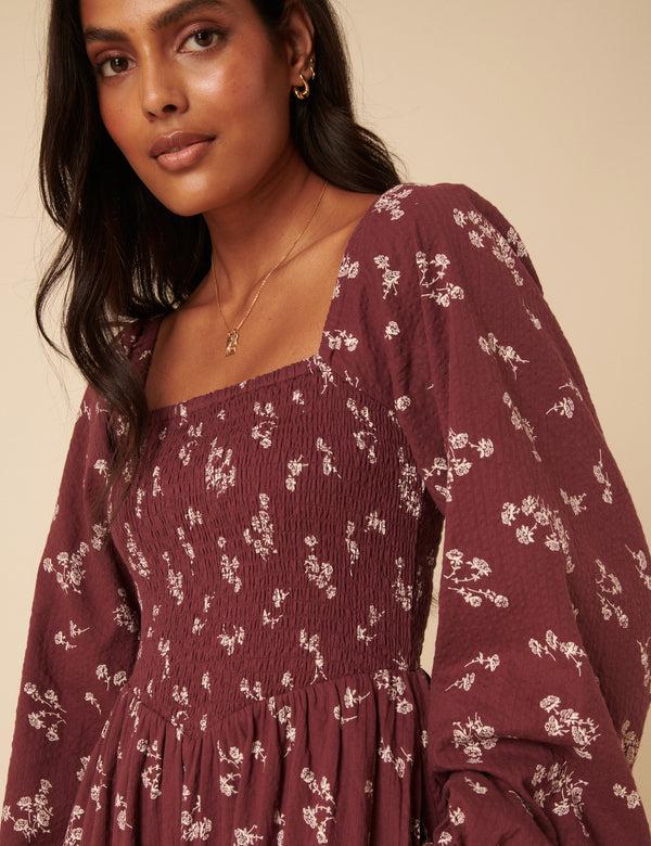 Nobody’s Child Burgundy Floral Printed Long Sleeve Imogen Midi Dress