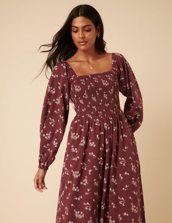 Nobody’s Child Burgundy Floral Printed Long Sleeve Imogen Midi Dress