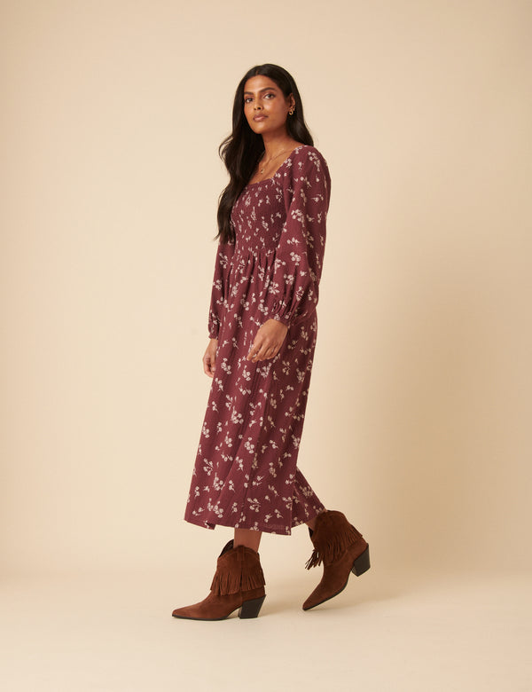 Nobody’s Child Burgundy Floral Printed Long Sleeve Imogen Midi Dress