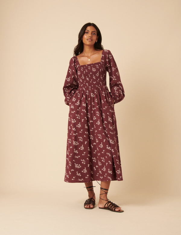 nobody’s child Burgundy Floral Printed Long sleeve Imogen Midi Dress