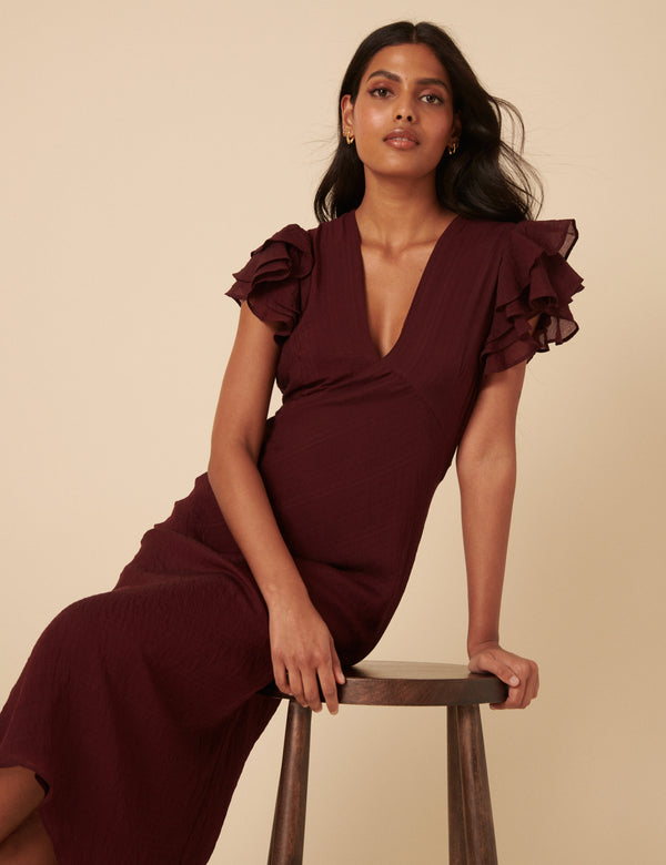 Nobody’s Child Burgundy Frill Sleeve Layla Midi Dress