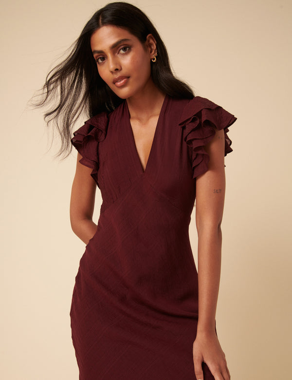 Nobody’s Child Burgundy Frill Sleeve Layla Midi Dress