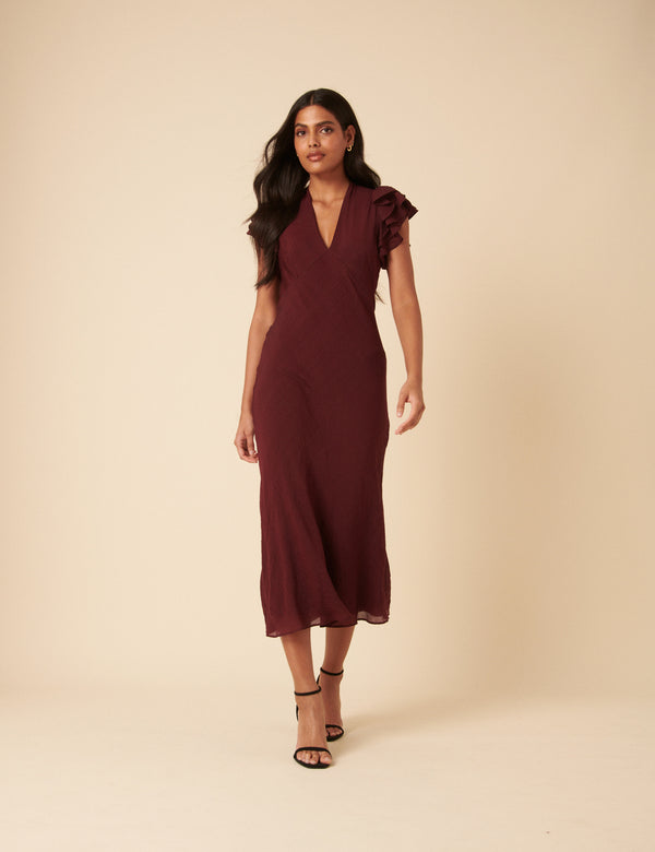 nobody’s child Burgundy Frill Sleeve Layla Midi Dress
