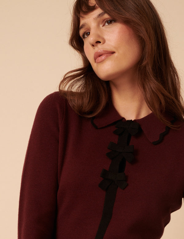 Nobody’s Child Burgundy Knitted Bow Front Mini Dress