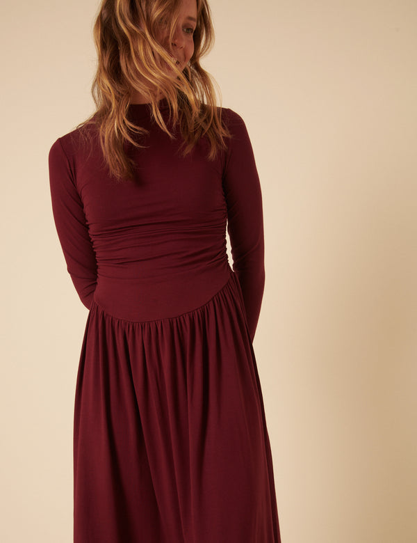 Nobody’s Child Burgundy Long Sleeve Drop Waist Aubrey Midaxi Dress