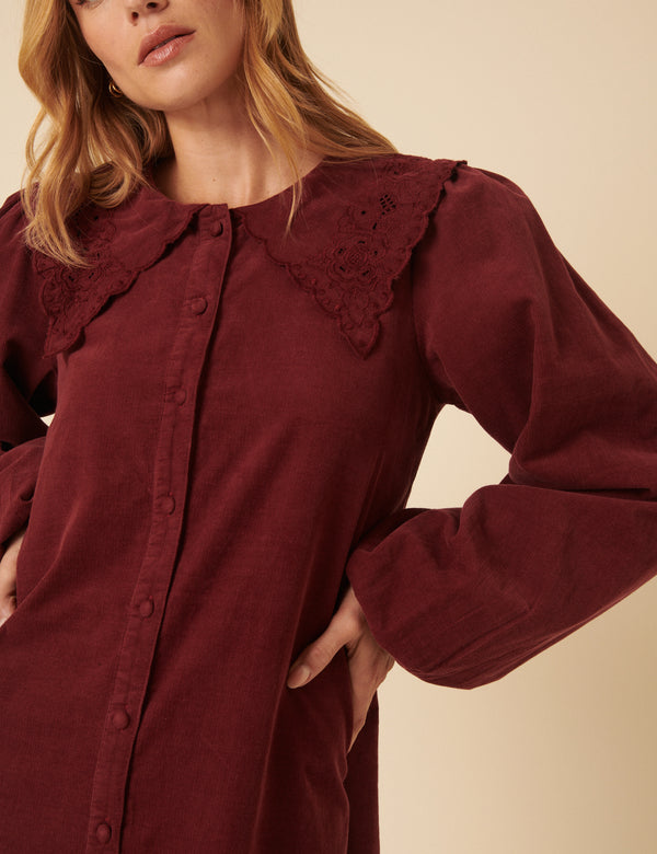 Nobody’s Child Burgundy Peter Pan Collar Cord Bridget Mini Dress
