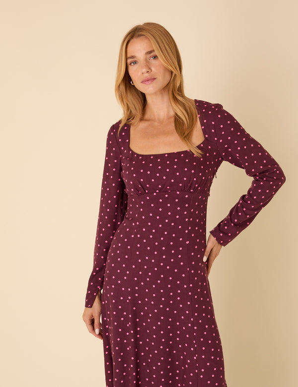 Nobody’s Child Burgundy Polka Dot Delilah Midi Dress