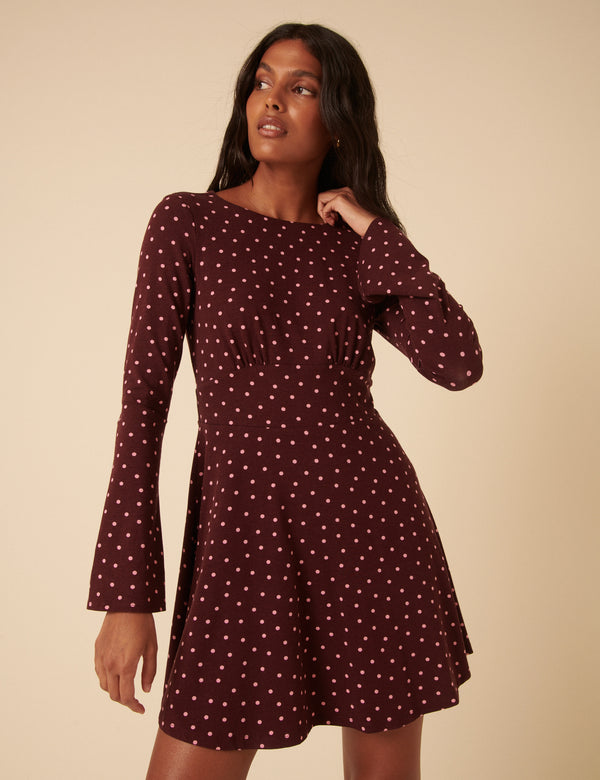 Nobody’s Child Burgundy Polka Dot Jersey Boat Neck Tate Mini Dress