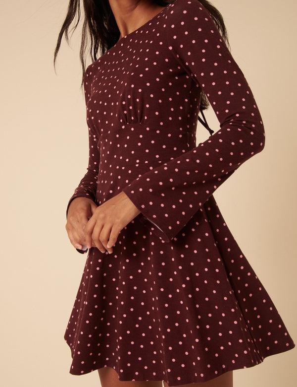 Nobody’s Child Burgundy Polka Dot Jersey Boat Neck Tate Mini Dress