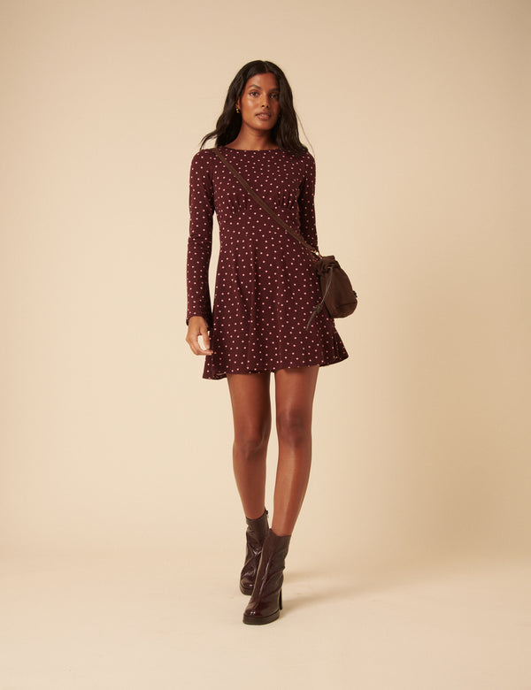 nobody’s child Burgundy Polka Dot Jersey Boat Neck Tate Mini Dress